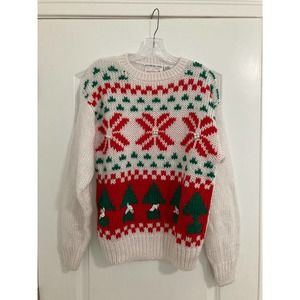 ADELL BARRE Large Vintage 80's Hand Knit Christmas Sweater Bows Pearl Beads